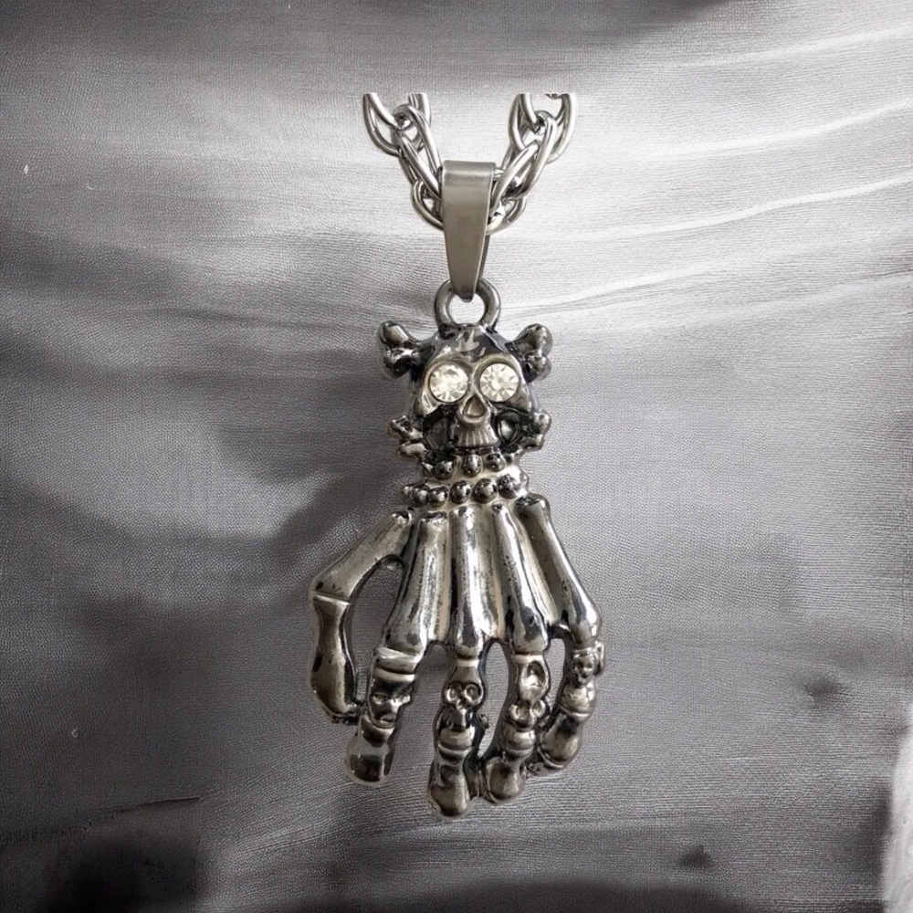 🆕3D Crystal Skull and Creepy Hand Pendant Chain Stainless Steel